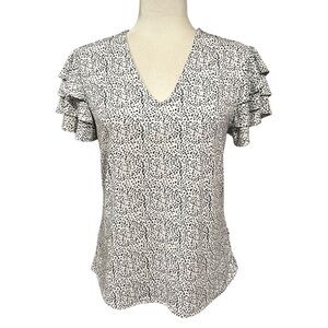 Adriana Papell Tiered Flutter Sleeve V Neck Speckled Stretch Knit Top